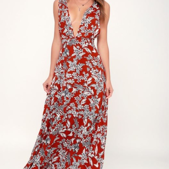 Lulus Dresses & Skirts - MORE FLOWER TO YA RUST RED FLORAL PRINT BACKLESS